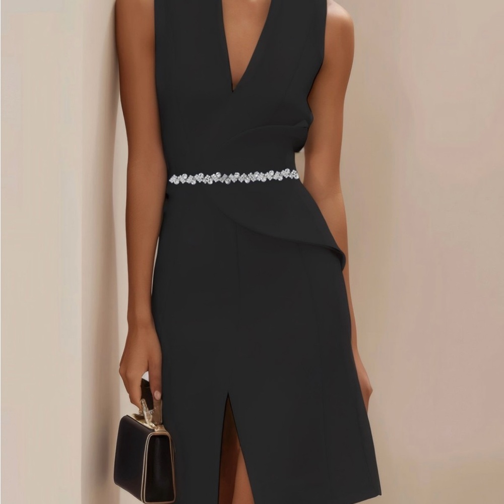 Black V Neck Sleeveless
Rhinestone A-Line Midi Dress